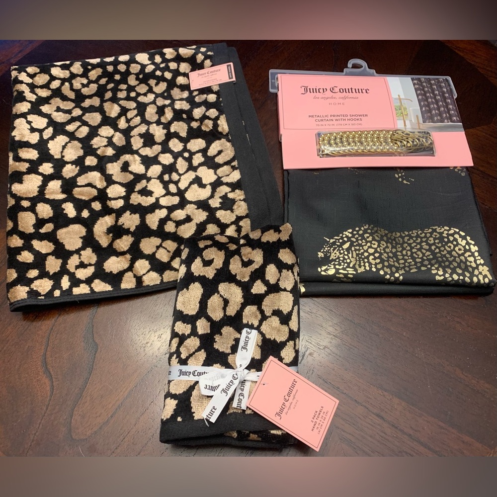 Juicy Couture Black and Gold Leopard Print Shower Curtain
